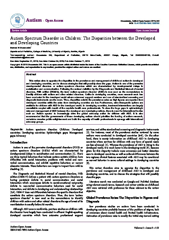 Autism Spectrum Disorder in Children: The Disparities between the Developed and Developing Countries
