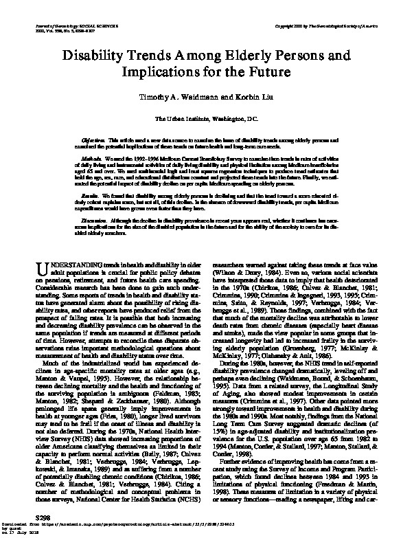 Disability Trends Among Elderly Persons and Implications For The Future 