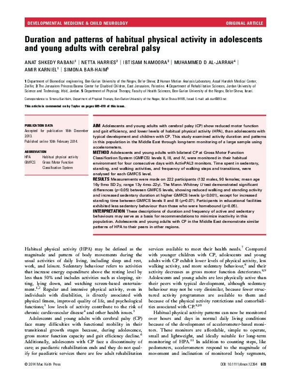 Duration and patterns of habitual physical activity in adolescents and young adults with cerebral palsy 