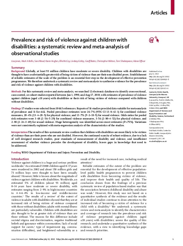 Prevalence and risk of violence against children with disabilities: a systematic review and meta-analysis of observational studies