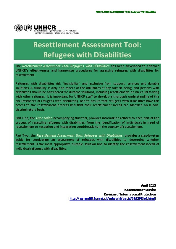 Resettlement Assessment Tool: Refugees with Disabilities 