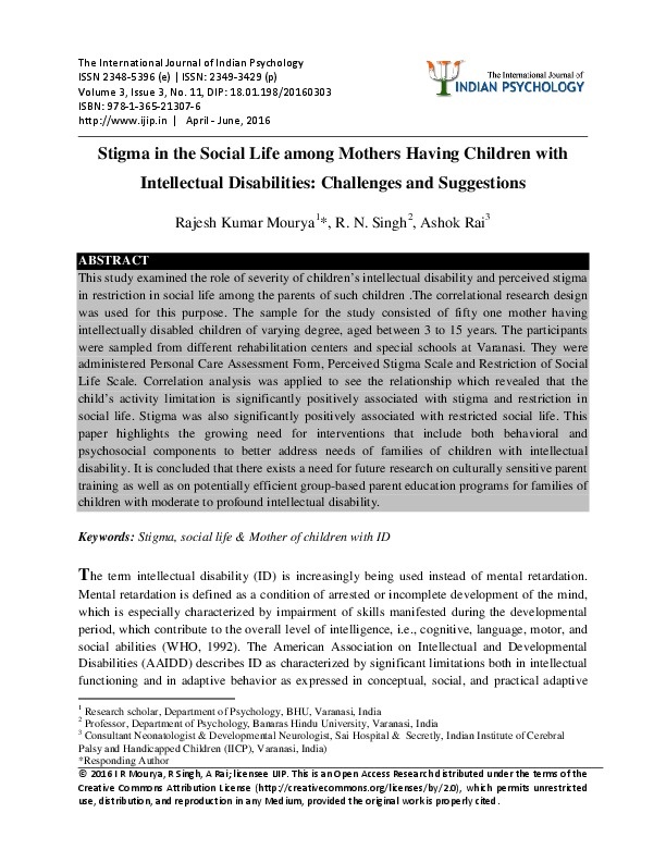 Stigma in Social Life among Mothers have Children with Intellectual Disabilities: Challenges and Suggestions  