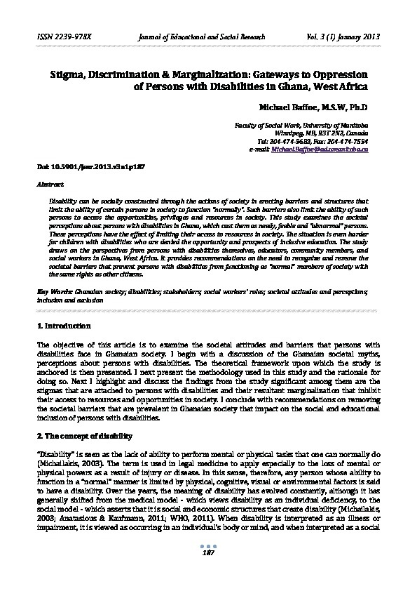 Stigma, Discrimination & Marginalization: Gateways to Oppression of Persons with Disabilities in Ghana, West Africa