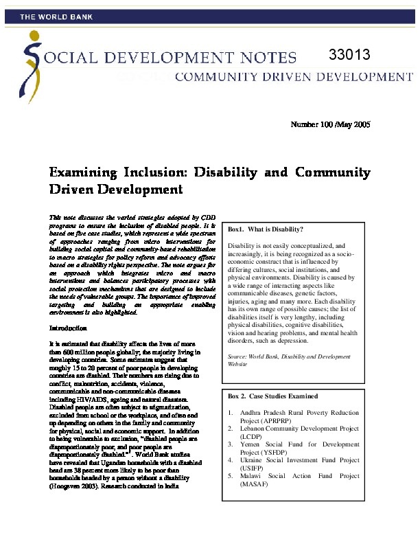 Examining Inclusion: Disability and Community Driven Development 