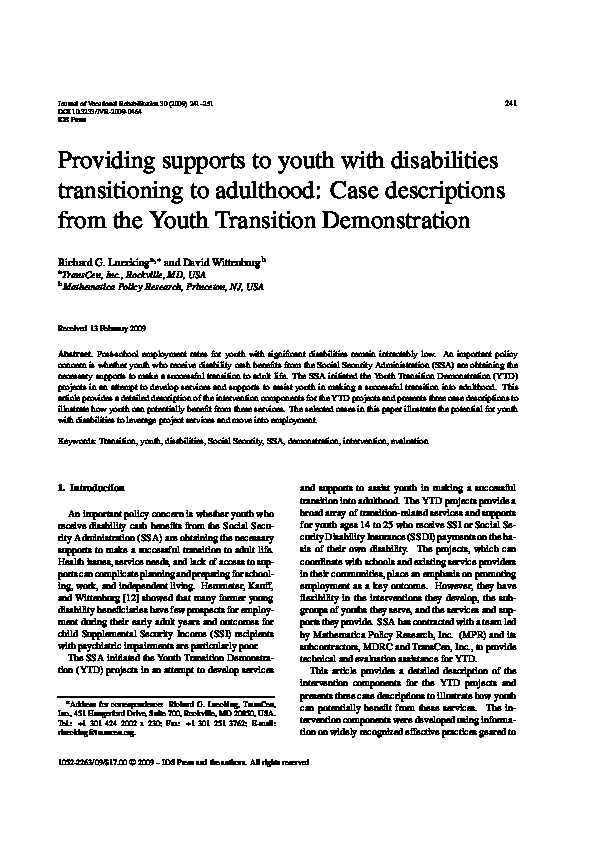 Providing Support to Youth with Disabilities Transitioning to adulthood: Case Description From the Youth Transition Demonstration 