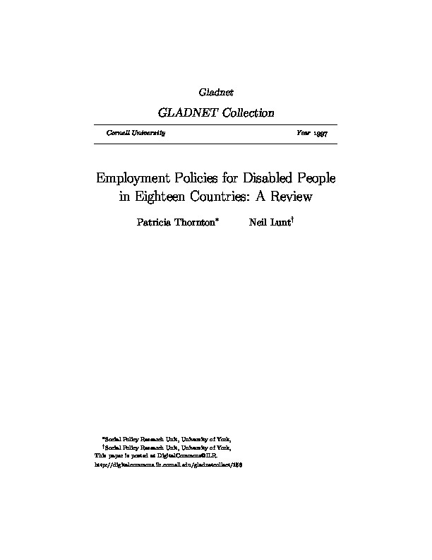 Employment Policies For Disabled People in Eighteen Countries: A Review 