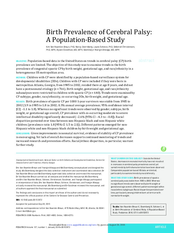 Birth Prevalence of Cerebral Palsy: A Population-Based Study