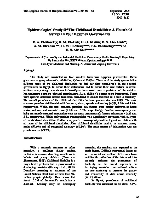 Epidemiological Study of the Childhood Disabilities: A Household Survey in Four Egyptian Governorates   