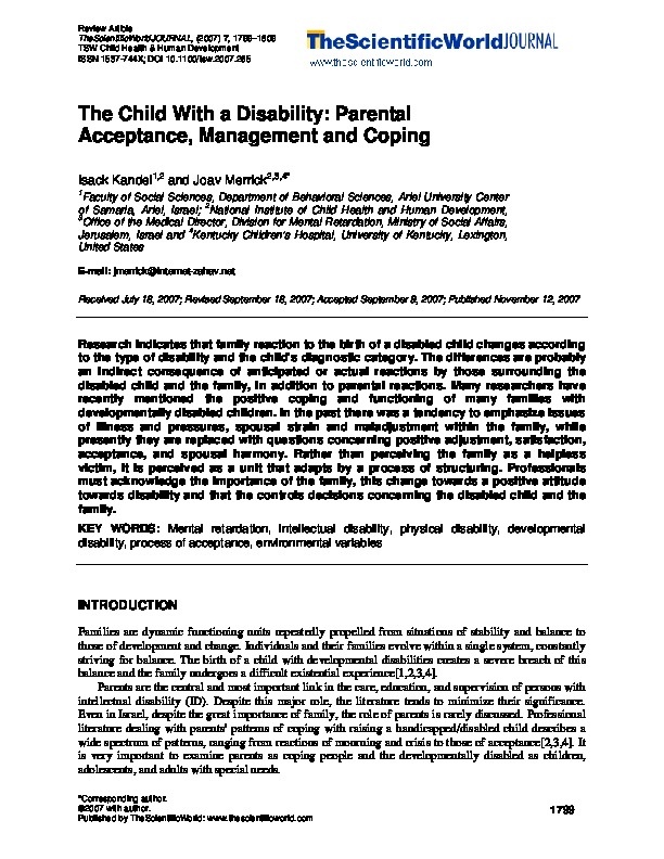 The Child with a Disability: Parental Acceptable, Management and Coping 