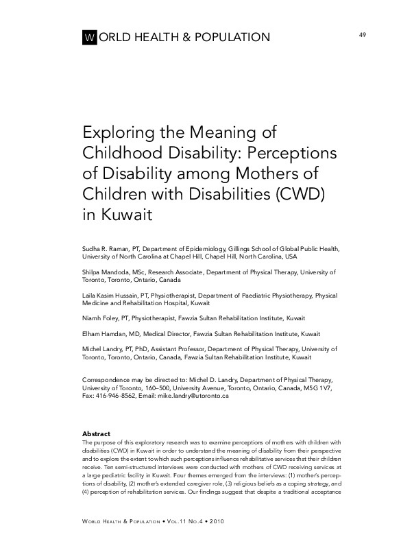 Exploring The Meaning of Childhood Disability: Perceptions of Disability among mothers of Children with Disabilities in Kuwait  