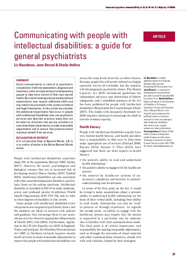 Communicating with People with Intellectual Disabilities: a guide for general psychiatrists 