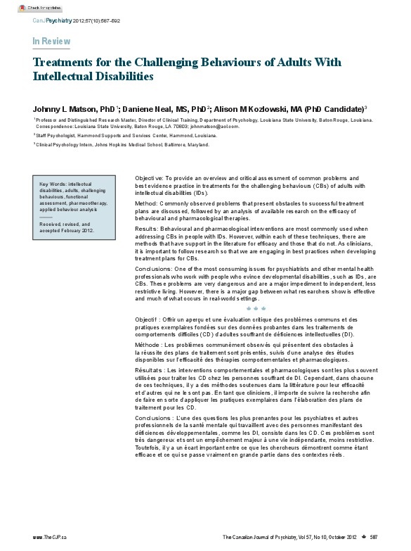 Treatments for the Challenges Behaviors of Adults with Intellectual Disabilities 