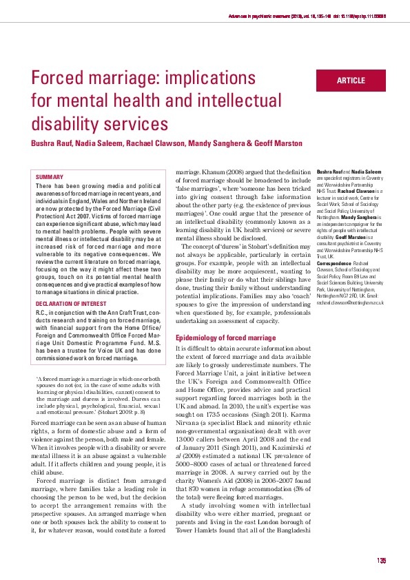 Forced Marriage: implications for Mental Health and Intellectual Disability Services 