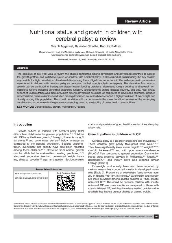 Nutritional Status and Growth in Children with Cerebral Palsy a review 