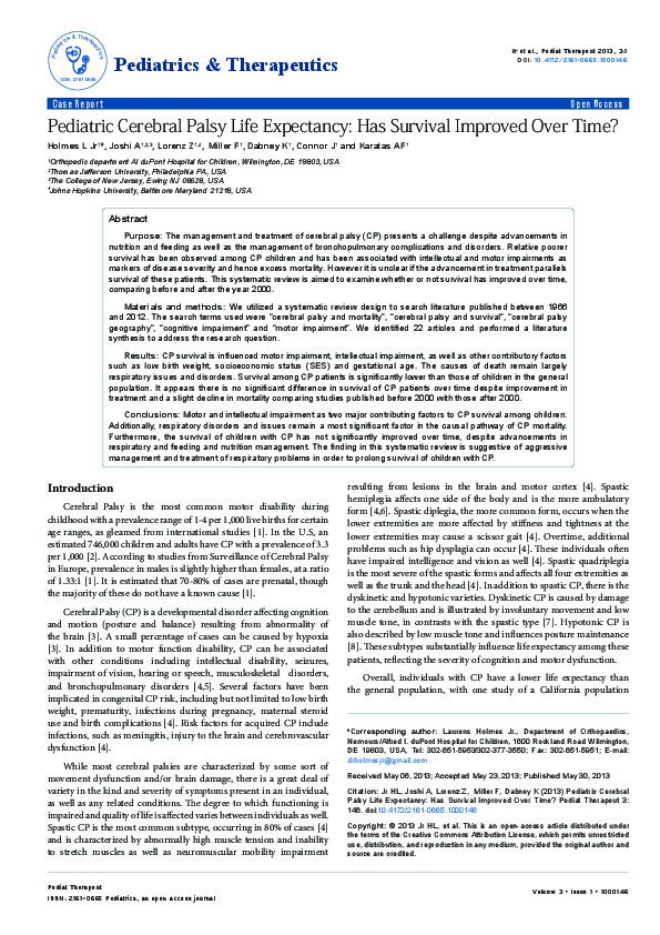 Pediatric Cerebral Palsy Life Expectancy: Has Survival Improved over time 