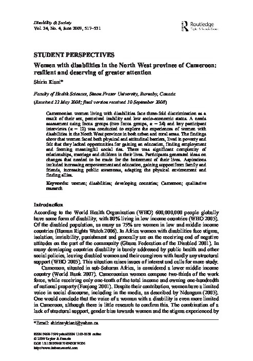 Women with disabilities in the North West province of Cameroon: resilient and deserving of greater attention