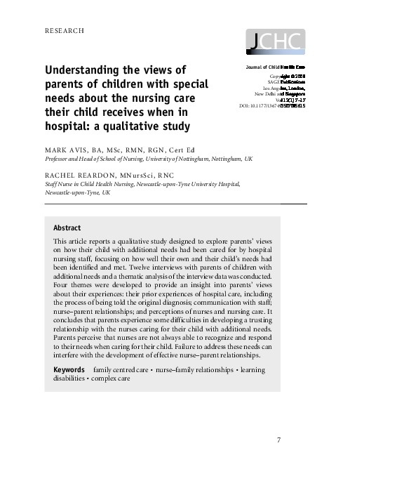 Understanding the views of parents of children with special needs about the nursing care their child receives when in hospital
