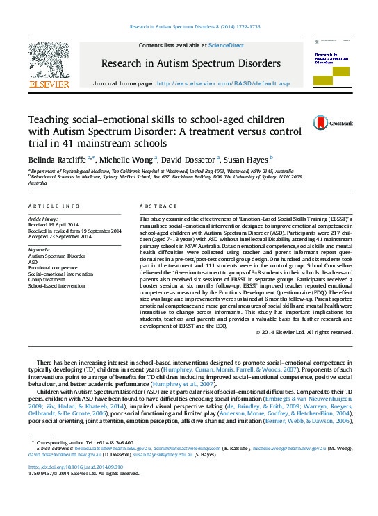 Teaching Social - emotional Skills to School -aged Children with Autism Spectrum Disorder: A treatment versus Control trial in 41 mainstream Schools 