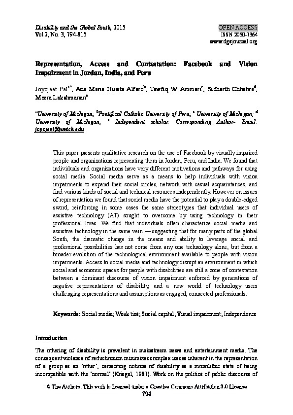 Representation Access and Contestation: Facebook and Vision Impairments in Jordan, India and Peru 