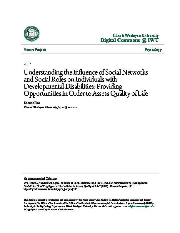 Understanding the Influence of Social Networks and Social Roles on Individuals with Developmental Disabilities: Providing Opportunities in order to Access Quality of Life 