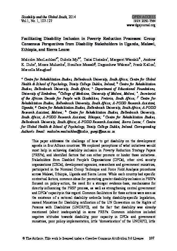 Facilitating Disability Inclusion in Poverty Reduction processes: Group Conesus Perspectives from Disabilities Stakeholders in Uganda, Malawi, Ethiopia and Sierra lone  