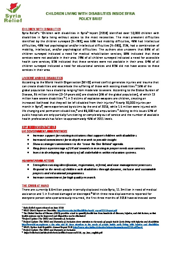 Children Living with Disabilities Inside Syria - Policy Brief 