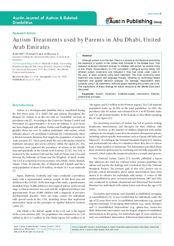 Autism Treatments Used by Parents in Abu Dhabi , United Arab Emirates 