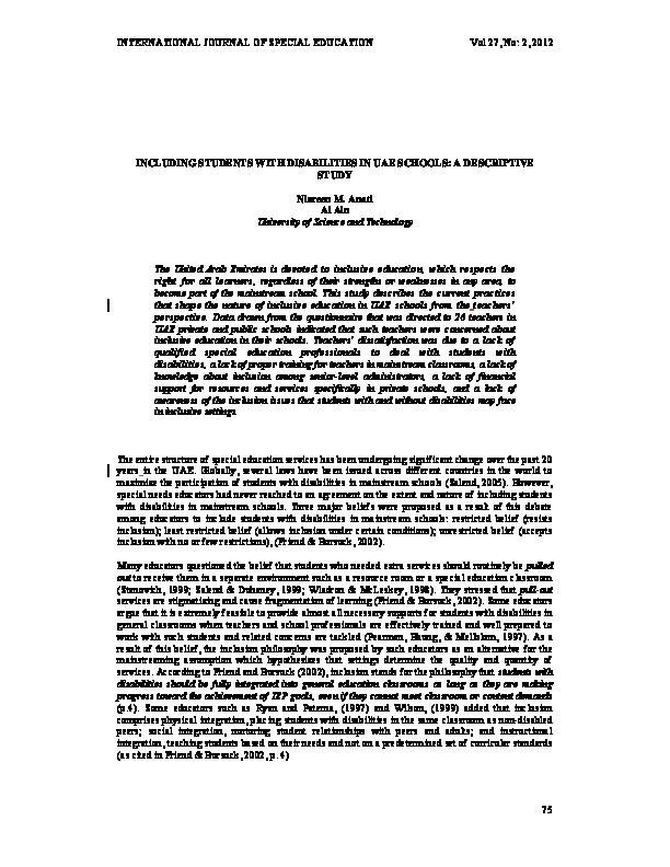 Including Students  with Disabilities in UAE Schools : A Descriptive Study