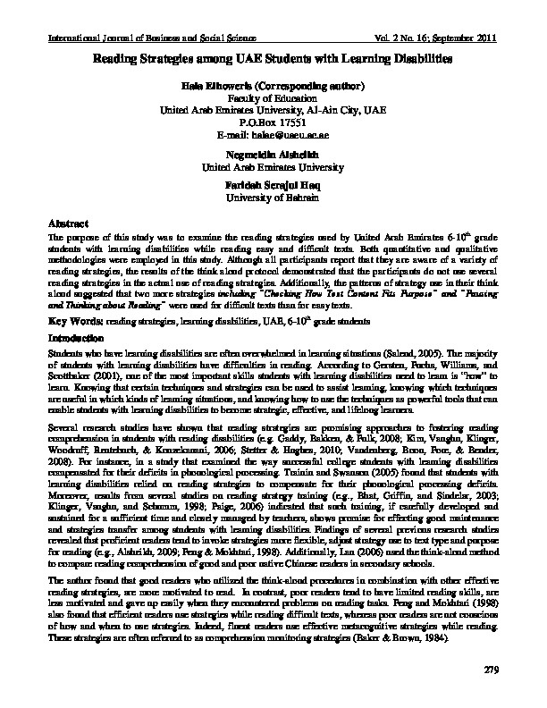 Reading Strategies among UAE Students with Learning  Disabilities 