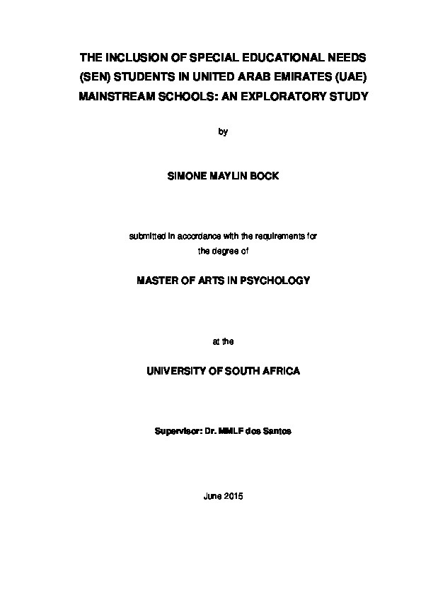  The Inclusion of Special Educational Needs - Students and in United Arab Emirates Mainstream Schools : An exploratory study   