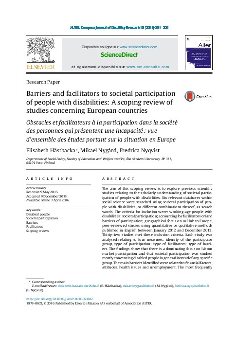 Barriers and facilitators to societal participation of people with disabilities: A scoping review of studies concerning countries   