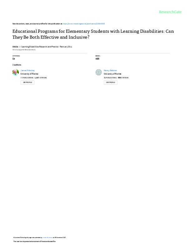 Educational Programs For Elementary Students with Learning Disabilities: Can they be both Effective and Inclusive ? 