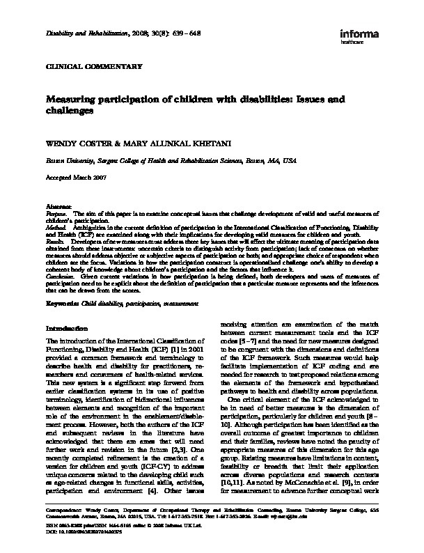 Measuring Participation of Children of Disabilities: Issues and Challenges 