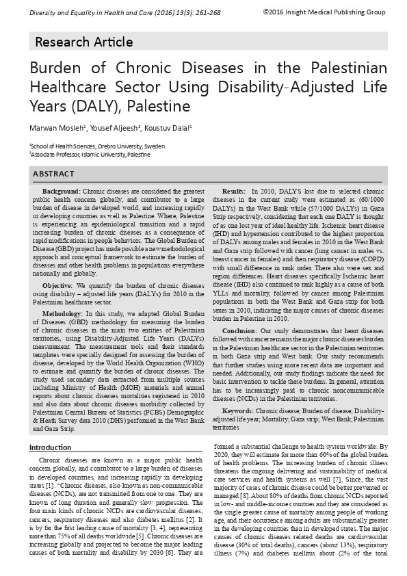 Burden of Chronic Diseases in the Palestinian Health Care Sector Using Disability - Adjustment Life Years 