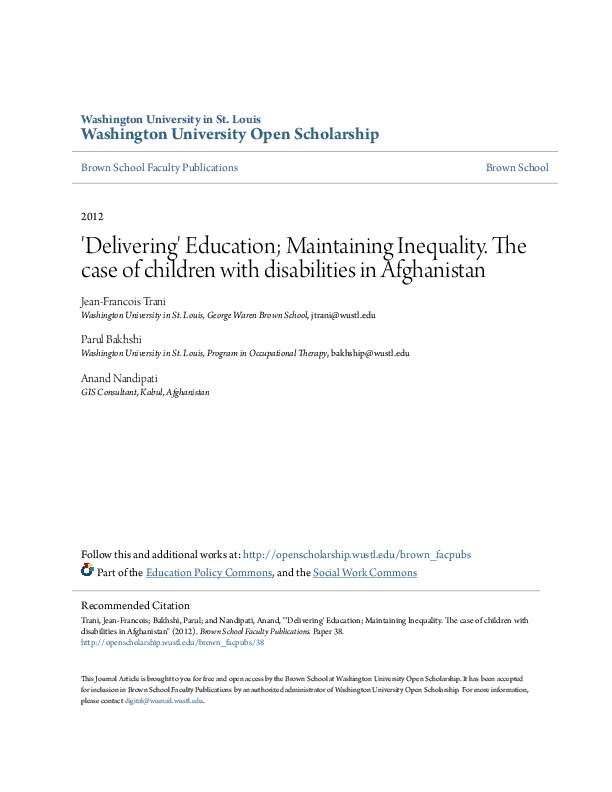 Delivering Education, Mainstreaming Inequality, The case of Children with Disabilities in Afghanistan 