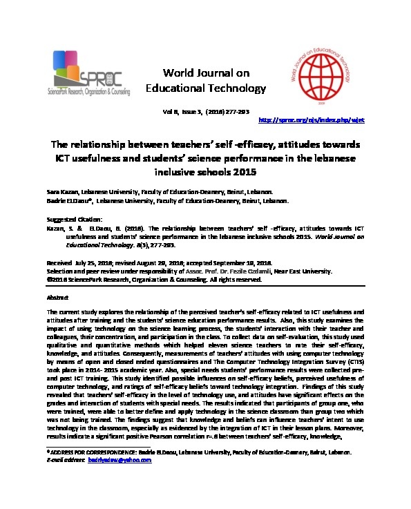 The relationship between teachers self - efficacy, attitudes towards ICT usefulness and students science performance in the Lebanese inclusive schools 