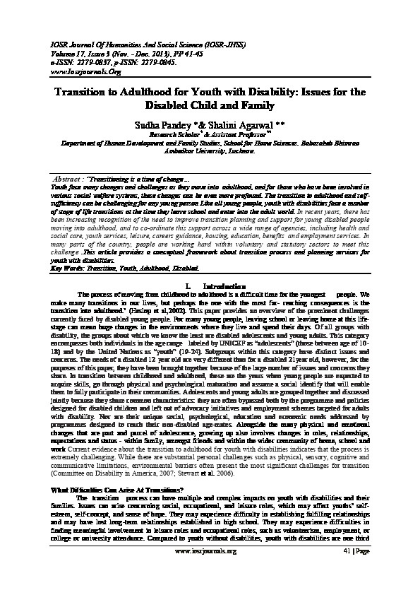 Transition Adulthood For Youth Disability: Issues for the Disabled Child and Family 