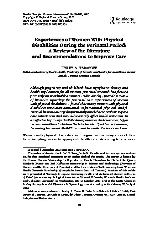 Experiences of Women with Physical Disabilities During the perinatal period: A Review of the Literature and Recommendations to improve care 
