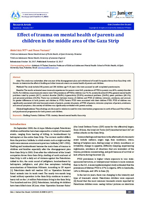 Effects of trauma on mental health of parents and children in the middle area of the Gaza Strip 