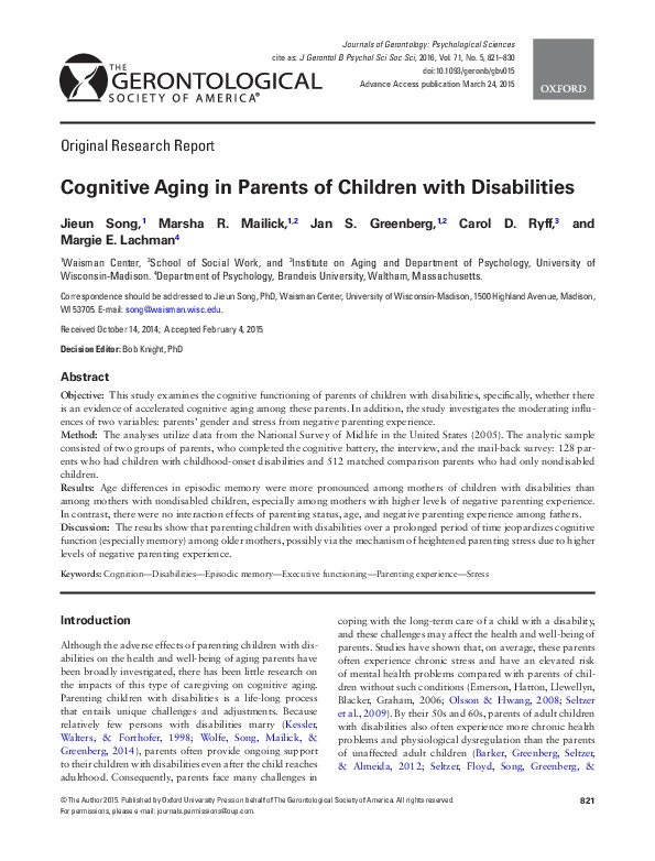 Cognitive Aging in Parents of Children with Disabilities