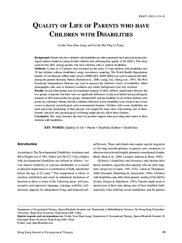 Quality of Life of Parents who have Children with Disabilities 