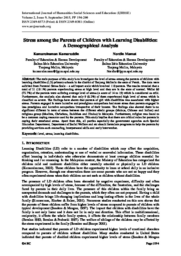 Stress among the parents of Children with Learning Disabilities: A Demographical Analysis 