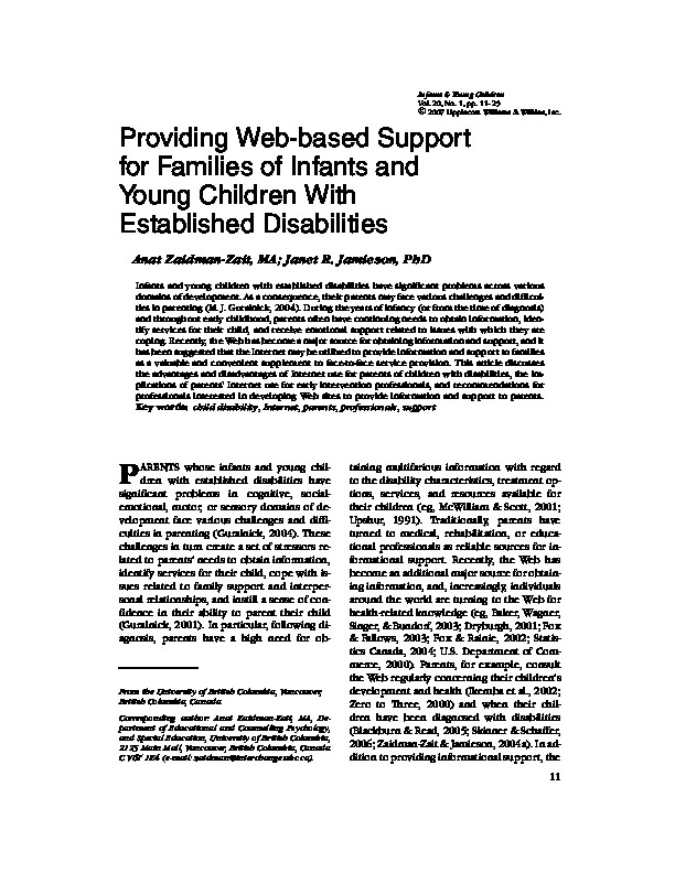 Providing Web - based Support For Families of Infants and Young Children with Established Disabilities 