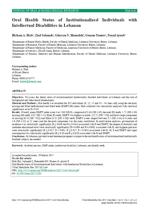 Oral Health Status of Institutionalized Individuals with Intellectual Disabilities in Lebanon 