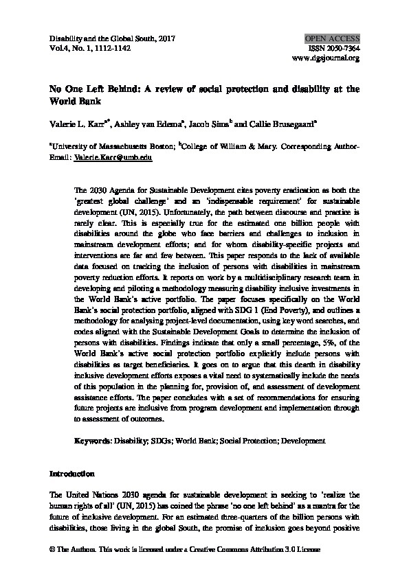 NO One Left Behind: A Review of Social Protection and Disabilities at the World Bank 