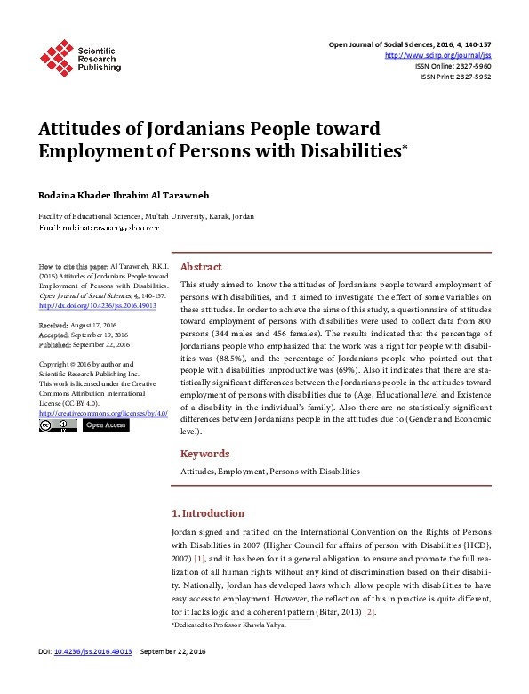 Attitudes of Jordanians people towards Employments of Persons with Disabilities 