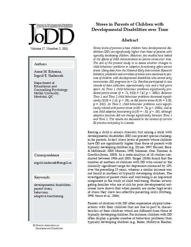 Stress in Parents of Children with Developmental Disabilities over Time 