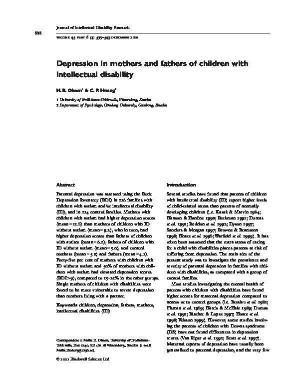 Depression in Mothers and Fathers of Children with Intellectual Disability 