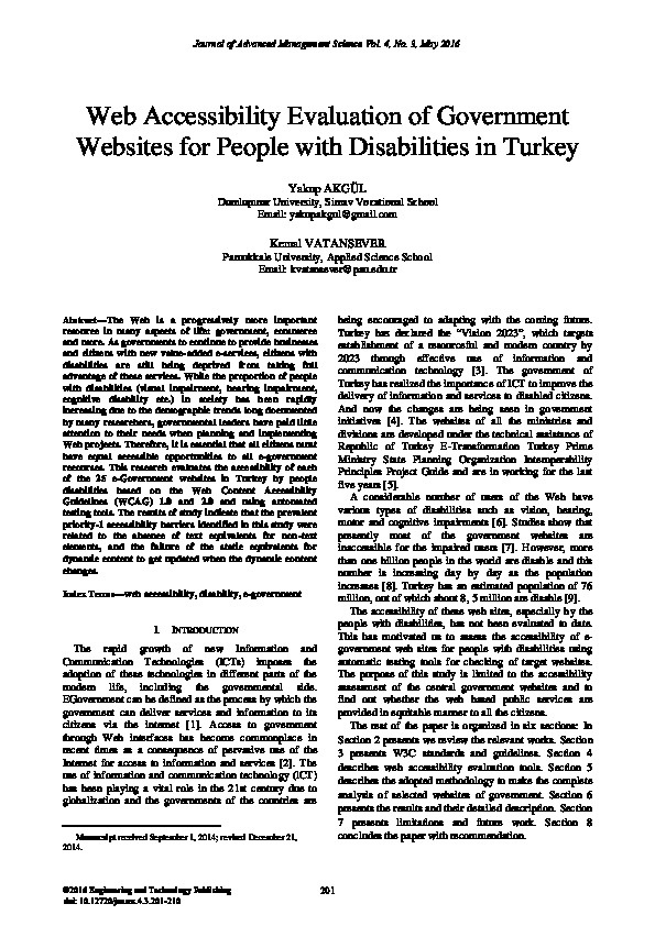 Web Accessibility Evaluation of Government websites For People with Disabilities in Turkey 