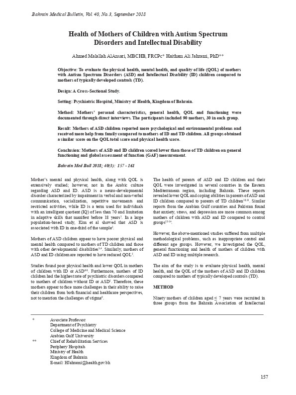 Health of Children with Autism Spectrum Disorder and Intellectual Disabilities  